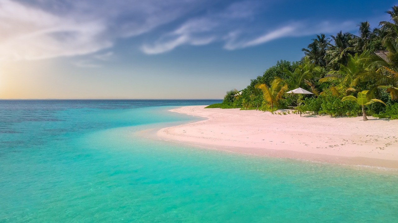 beach, nature, paradise, island, palm trees, ocean, romantic, sunset, seascape, sea, summer, bathing, holiday, sandy beach, vacations